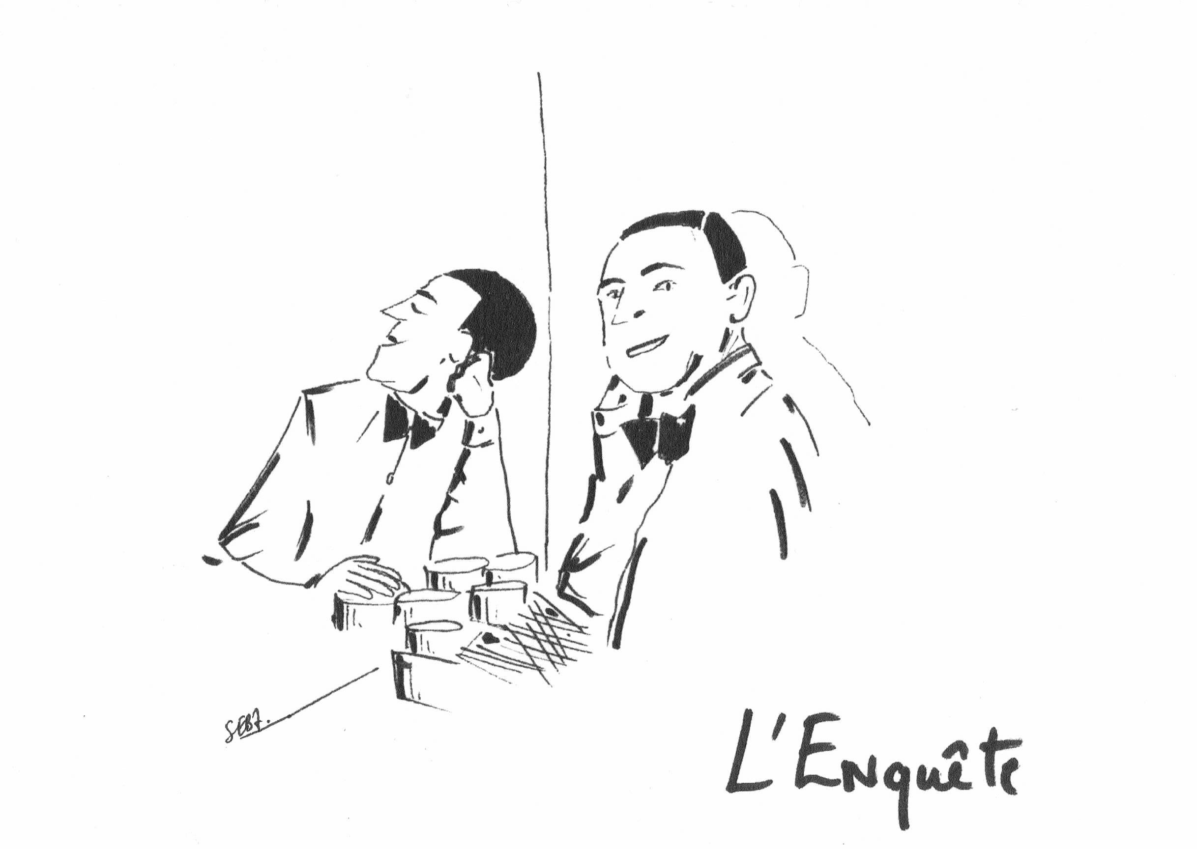 dessin inspiré de la photo de Pierre bonvallet dans sa loge souriant au photographe, son reflet dans le miroir